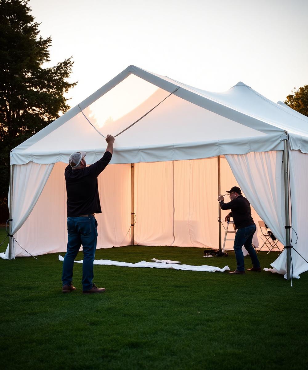 Sunset Events team professionally installing a marquee at golden hour
