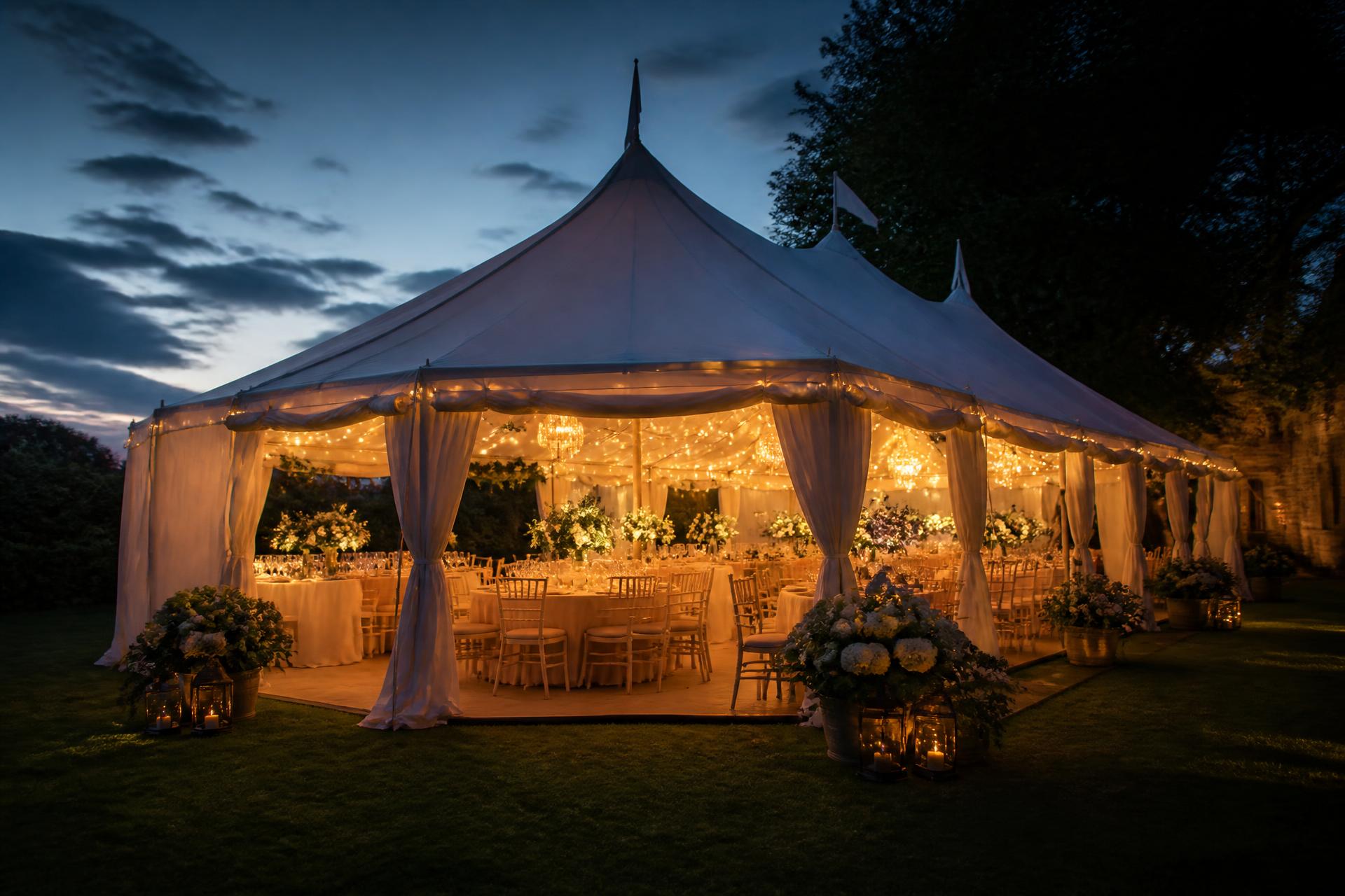A professionally installed marquee lit with warm lighting at an elegant outdoor evening event